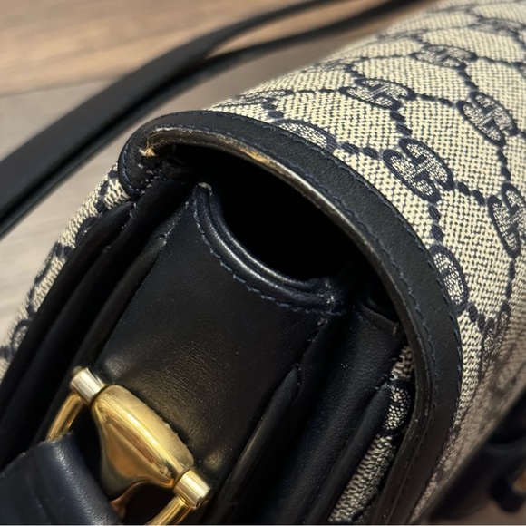 Vintage Gucci Horsebit 1955 Shoulder Bag in Navy Blue Coated Canvas & Leather - Picture 7 of 16